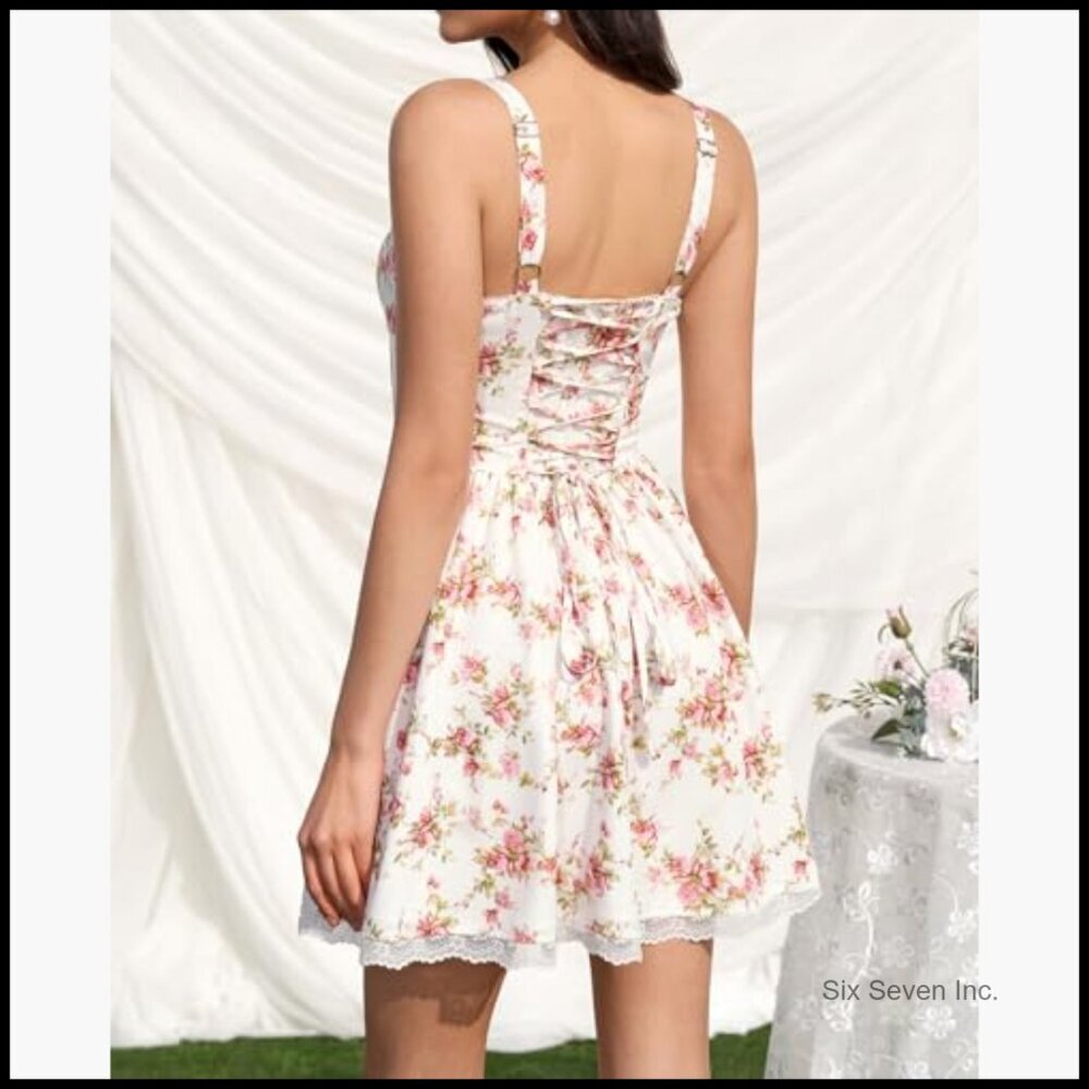Corset Mini Dress with Square Neck and Lace Trim - Picture 2 of 6